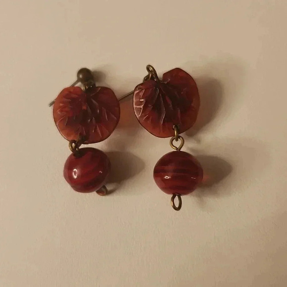 Red Stone and Bead Drop Earrings - Picture 2 of 2